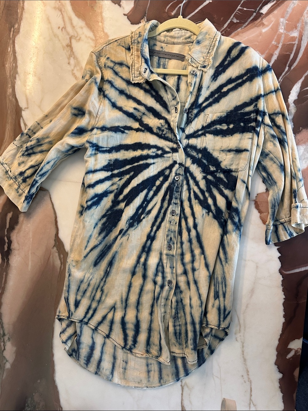 Raquel Allegra Indigo and Cream Tie-Dye Button-Down Shirt